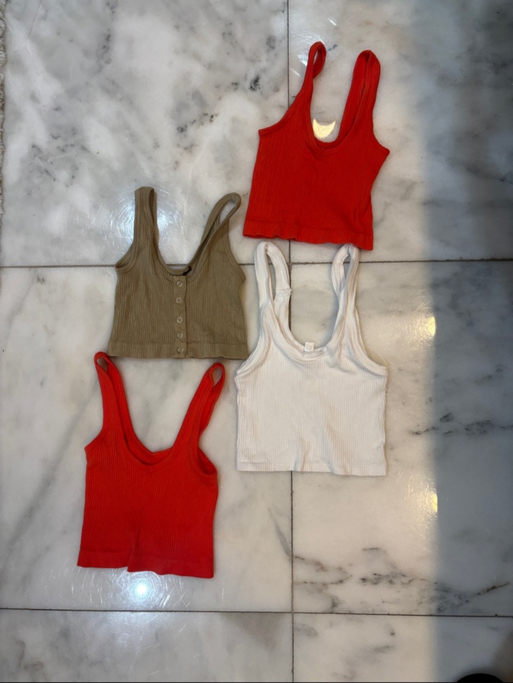 Ribbed Scoop Crop Tank Top - Orange, Orange, white, khaki